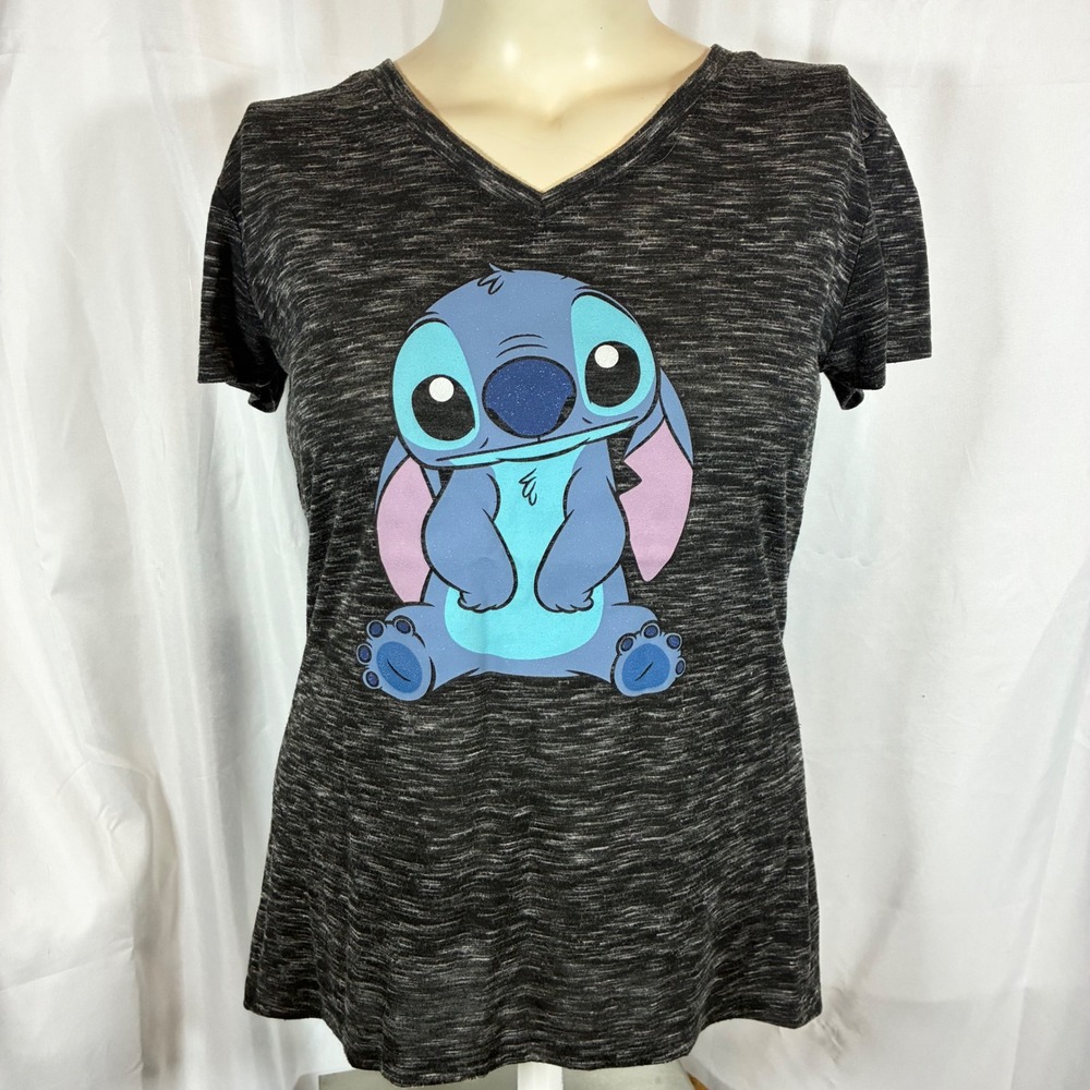 Disney Lilo & Stitch V-Neck Graphic Tee Space Dye Heather Charcoal Juniors XL